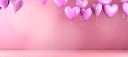 AI generated Floating pink purple heart balloons on a soft pink background with copy space for text. Banner. Great for Valentines Day or love-themed decor photo