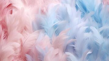 AI generated Feathers in pastel colors of peach and blue. Feathers texture background. Can be used as Backdrops for design projects, Fashion or decor. Concept of Softness and elegance. photo