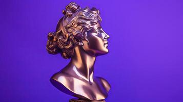 AI generated Antique bronze sculpture of a female figure against a vibrant purple backdrop, perfect for cultural and artistic representation photo