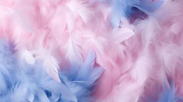 AI generated Feathers in pastel colors of pink and blue. Feathers texture background. Can be used as Backdrops for design projects, Fashion or decor. Concept of Softness and elegance. photo