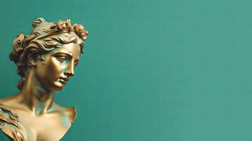 AI generated Gold antique statue of female head on light green solid background. Ideal for contemporary art projects. Banner with copy space. photo