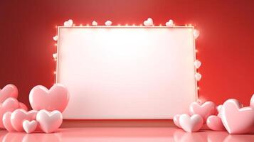 AI generated Festive empty frame with glowing hearts on a rich red background, perfect for for Valentine's greetings and love messages. With copy space. photo