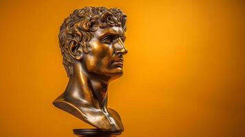 AI generated Bronze antique statue of a male head on a golden solid background. Ideal for contemporary art projects. Banner with copy space. photo