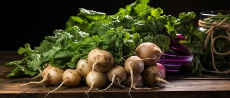 AI generated Charming display of fresh turnips with lush green leaves. photo