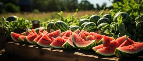 AI generated Watermelon slices on rustic wooden table. photo