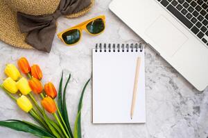 flat lay photo of workspace.  Top view mock up notebooks, flowwer, copy space