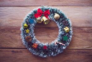 Decorations for Christmas celebrations are placed on wooden floors photo