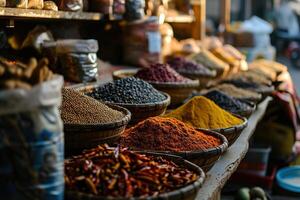 AI generated A Colorful Array of Spices at a Vibrant Market Created With Generative AI Technology photo