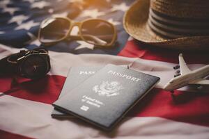 Passport is placed on the US flag. Preparing for a legitimate journey photo