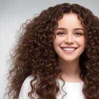 AI generated A smiling girl with curly hair joyfully White studio background by ai generated photo