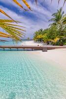 hermosa playa de la isla de maldivas. palmeras, cielo de arena de mar, camino de muelle de madera de villa de agua largo. concepto de vacaciones tropicales y vacaciones de verano paisaje de viajes de lujo, increíble estilo de vida turístico escénico foto