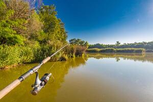 Spinning and lake. Fishing with rod on lake, calm lake water reflection, green forest and blue sky. Calm relaxing weather, recreational and outdoors sport background photo