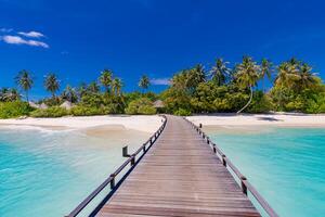 Maldives paradise resort. Tropical aerial landscape, seascape with long jetty, water villas with amazing sea and lagoon beach, tropical nature. Exotic tourism destination banner, summer vacation photo