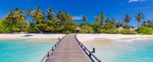 Maldives paradise resort. Tropical aerial landscape, seascape with long jetty, water villas with amazing sea and lagoon beach, tropical nature. Exotic tourism destination banner, summer vacation photo