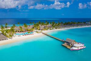 Beautiful aerial view of poolside and resort beach with wooden pier jetty. Luxurious tropical beach landscape, swimming, deck chairs and loungers, umbrellas. Tropical beach, aerial drone top view photo