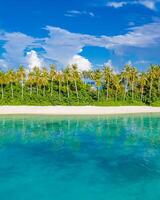 Amazing tropical beach reflection, palm trees under blue sky with sea reflection. Exotic travel destination as travel vacation landscape. Outdoor forest landscape, peaceful nature view photo