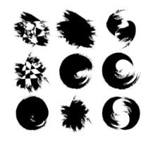 set of black and white vector scribble round circle icons frame brush stroke vector illustration, set of stains splashes paint brush stroke frame with circle and heart shape,