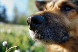 AI generated Closeup of a dog's nose with a blurred spring landscape in the background. Cute pet. Generative AI photo