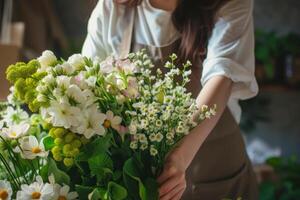 AI generated Florist holds a bouquet with fresh spring flowers. Generative AI photo