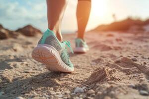 AI generated Woman in running shoes on the beach. Workout and training to start a run. Generative AI photo