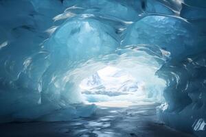 AI generated Blue crystal ice cave entrance and an underground river beneath the glacier. Generative AI photo