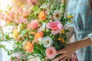 AI generated Florist holds a bouquet with fresh spring flowers. Generative AI photo