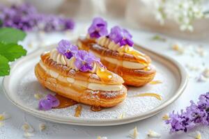 AI generated Eclairs drizzled with honey and garnished with candied violets. Generative AI photo