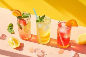 AI generated Colorful cocktails on sunny background. Refreshing summer drink. Generative AI photo