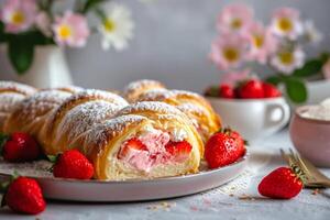 AI generated Strawberry cream filled brioche with spring flowers in the background. Generative AI photo