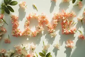 AI generated Letters Love made of flowers in pastel colors. Generative AI photo