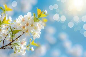 AI generated Spring banner with branches of blossoming cherry on blue sky background. Generative AI photo