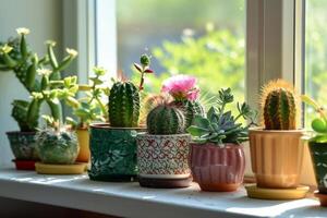 AI generated Cactus and succulents in pots on the windowsill. Generative AI photo