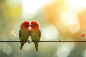 AI generated Two lovebirds perch on a wire. Symbol of love. Lovebird parrots sitting together. Generative AI photo