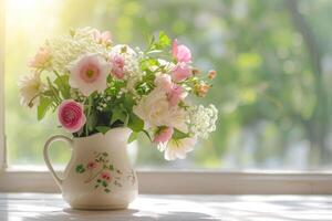 AI generated Flowers in pitcher. Beautiful fresh spring bouquet. Generative AI photo