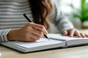 AI generated Hand with notebook for studying, learning and creative notes for academic class. Student writes information. Generative AI photo