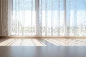 AI generated Large window with white lace curtains. Sunlight streaming through white lace curtains. Generative AI photo