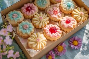 AI generated Cardboard box with shortbread cookies decorated with colored icing and jam. Generative AI photo