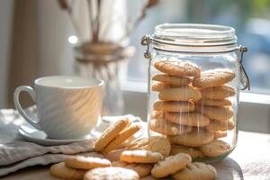 AI generated Transparent glass jar with cookies in the interior of stylish kitchen. Generative AI photo