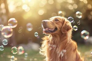 AI generated Dog with soap bubbles in summer outdoor. Generative AI photo