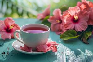 AI generated Hot hibiscus cup of tea with flowers in the background. Breakfast picnic table setup. Generative AI photo