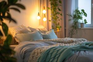 ai generado acogedor elegante dormitorio con cama, bonito ropa de cama, primavera decoración y suave Encendiendo. generativo ai foto