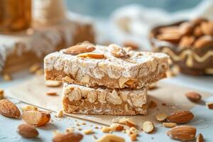 AI generated Almond and honey turron. Nougat with nuts. Traditional spanish almond dessert photo