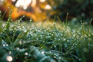 AI generated Closeup of water droplets on a green grass. Generative AI photo