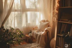 AI generated Cozy reading nook with light and airy curtain. Generative AI photo