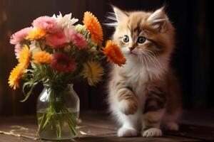 AI generated Cute cat with a bouquet of flowers. Generative AI photo