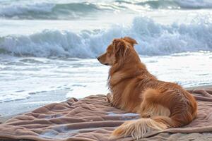 AI generated Dog sits on the towel on sandy beach and looks at blue sea. Generative AI photo