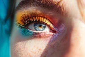 AI generated Closeup view of female eye with bright multicolored fashion makeup. Generative AI photo