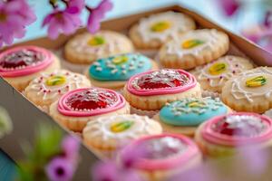 AI generated Cardboard box with shortbread cookies decorated with colored icing and jam. Generative AI photo