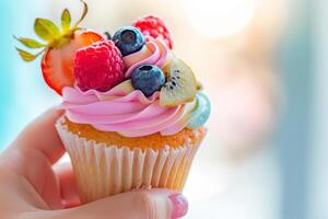 AI generated Hand holds a cupcake with colored icing and fresh fruits. Generative AI photo