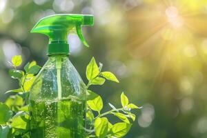 AI generated Green cleaning spray bottle with bubbles on sunny background. Spring cleaning concept. Generative AI photo